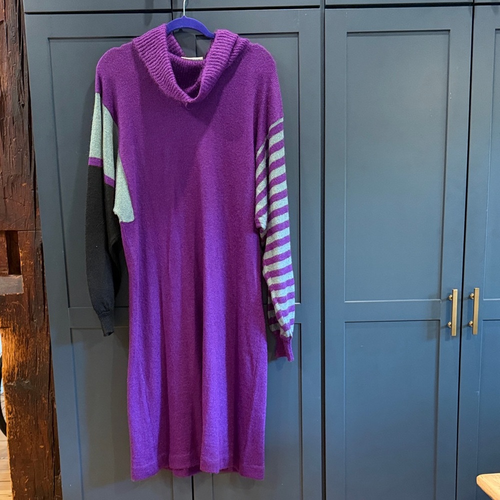 Purple Vintage Colorblock Sweater Dress with Striped Sleeve Made in Italy